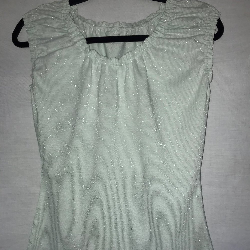 LOFT Mint Silver Pinstripe Gathered Neck / Sleeves